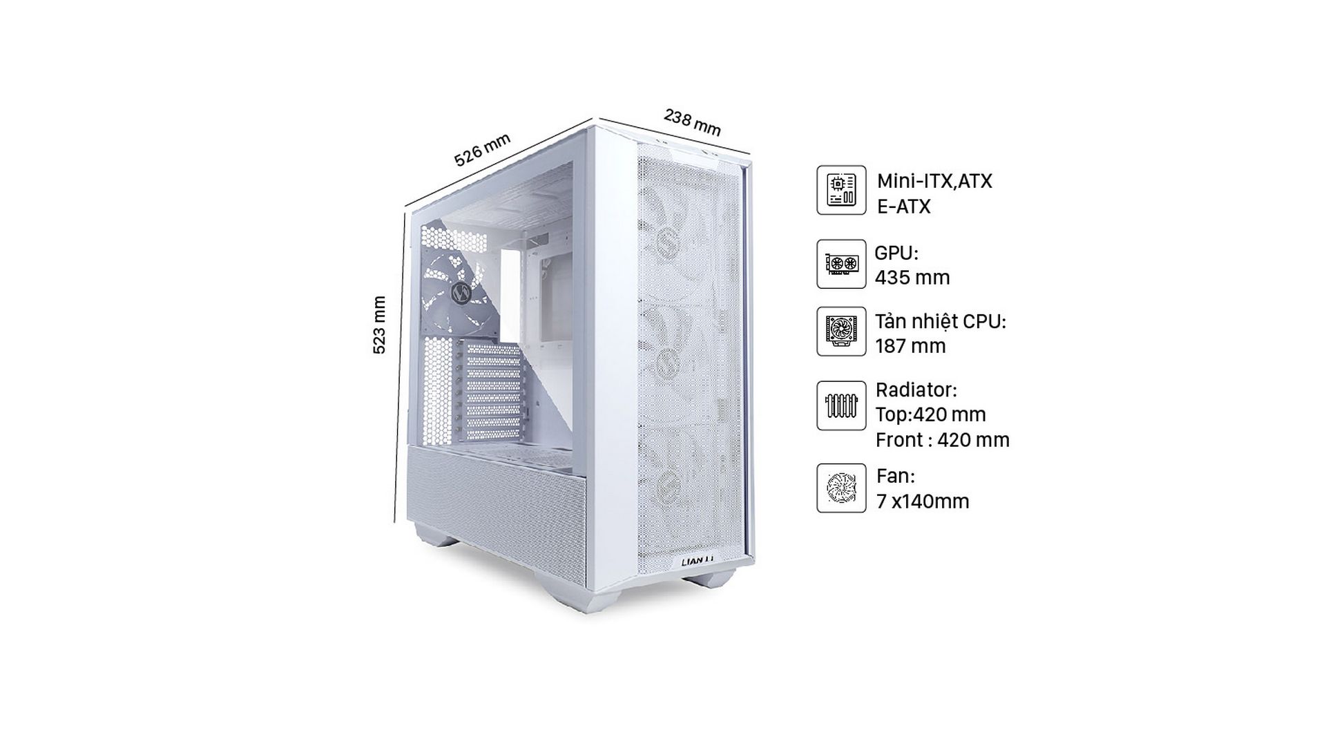 Vỏ Case Lian-Li LANCOOL III MESH WHITE (Full Tower|Black|4 Fan PWM White 140mm)