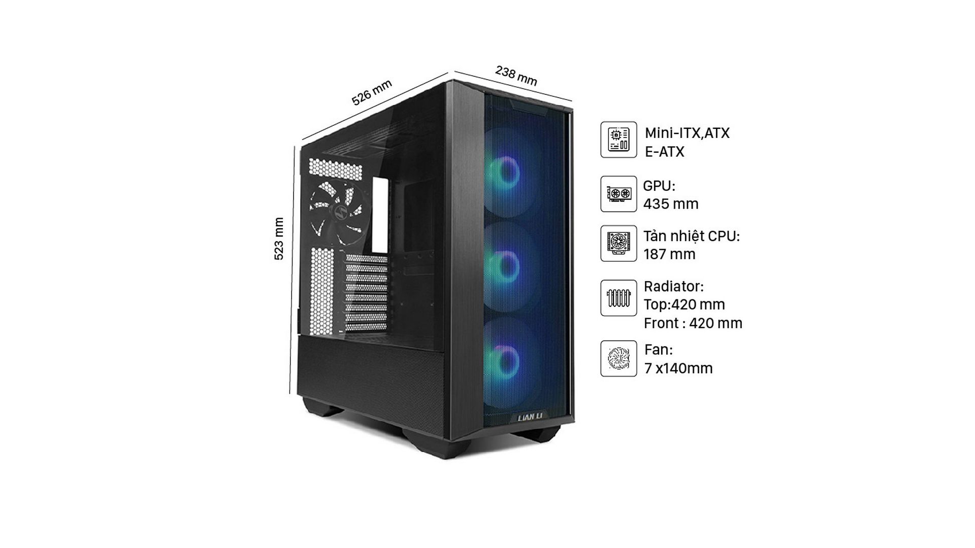 Vỏ Case Lian-Li LANCOOL III RGB MESH BLACK (Full Tower | 3 Fan ARGB 140mm + 1 Fan PWM 140mm / Type C)