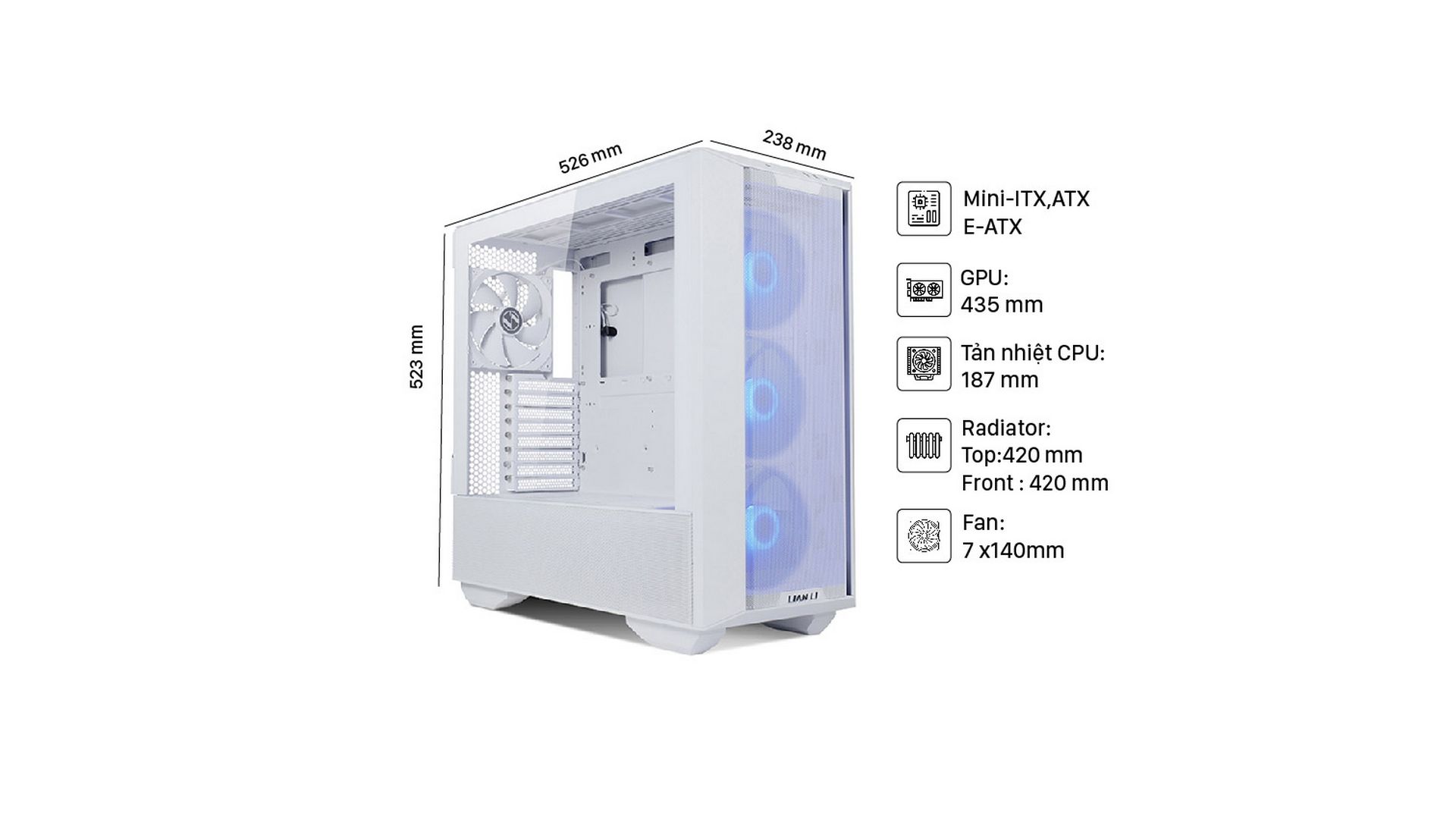 Vỏ Case Lian-Li LANCOOL III RGB MESH WHITE (Full Tower | 3 Fan ARGB 140mm + 1 Fan PWM 140mm | Type C)